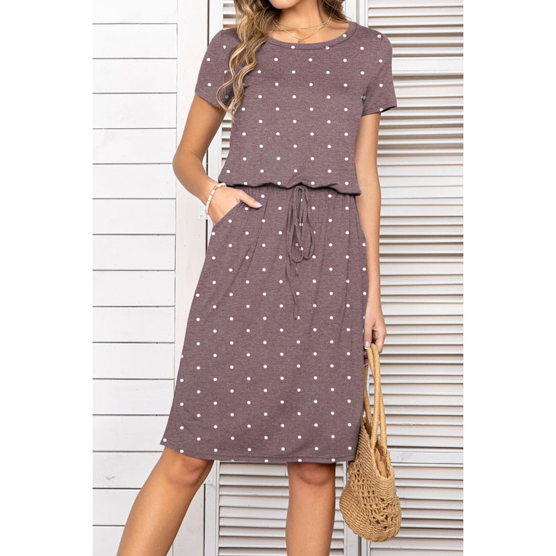 Round Neck Short Sleeve Slit Dress with Pockets