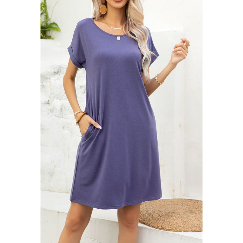 Scoop Neck Short Sleeve Pocket Dress