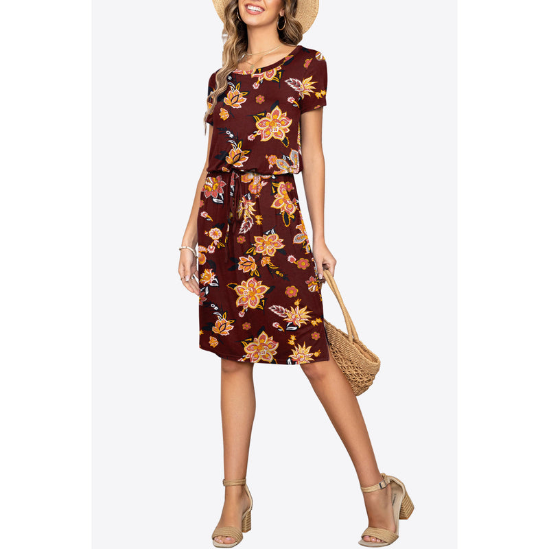 Round Neck Short Sleeve Slit Dress with Pockets
