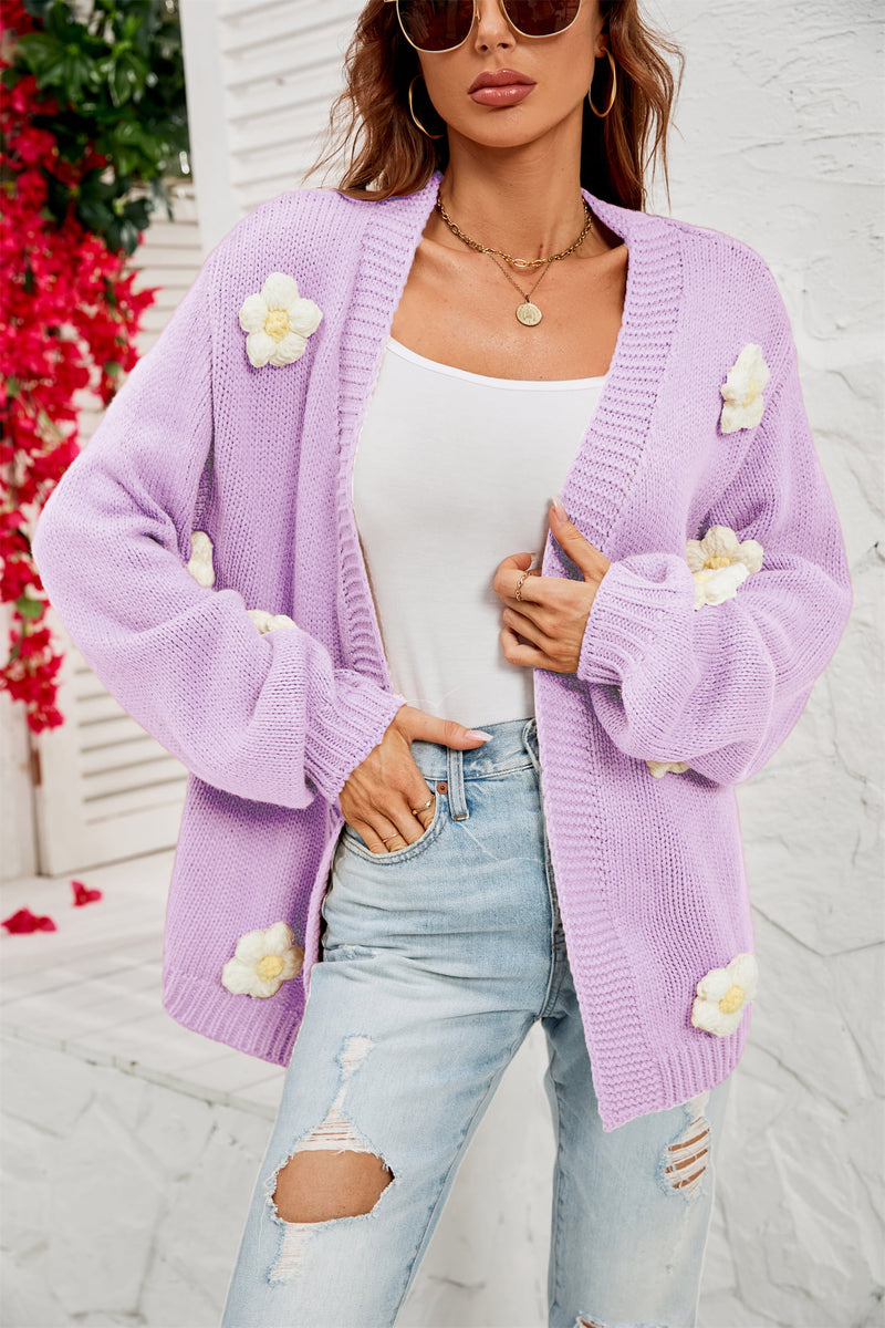 Flower Detail Open Front Cardigan