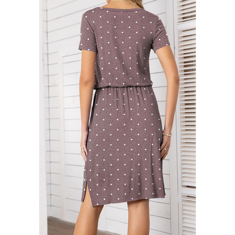 Round Neck Short Sleeve Slit Dress with Pockets