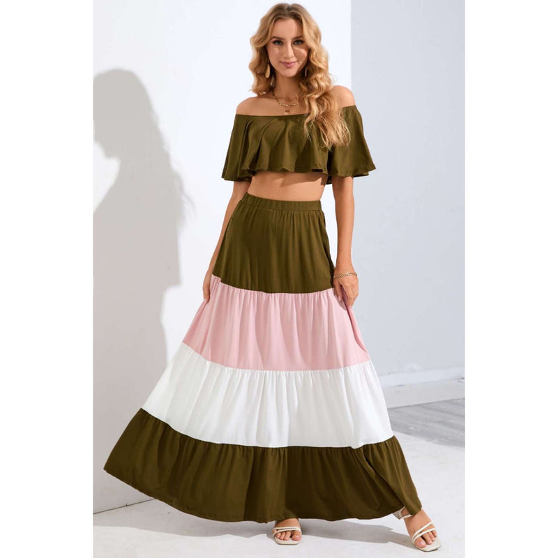 Off-Shoulder Crop Top and Color Block Tiered Skirt Set
