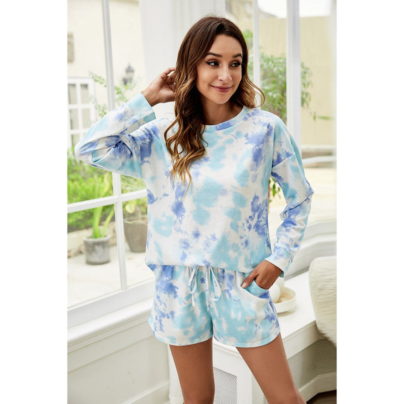 Tie-Dye Dropped Shoulder Top and Drawstring Waist Shorts Lounge Set