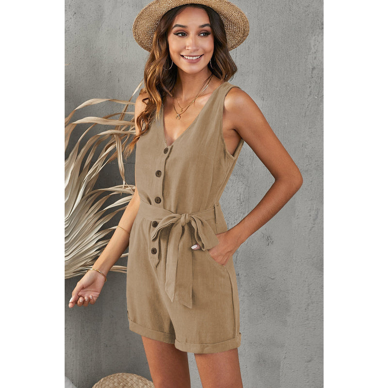Tie-Waist Buttoned Plunge Sleeveless Romper