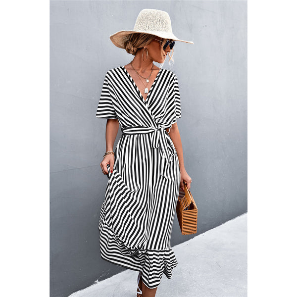 Striped Tie Belt Midi Dress