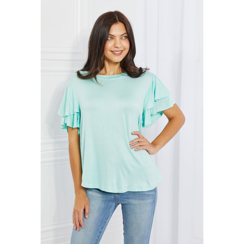 Culture Code Mi Amor Full Size Round Neck Ruffle Sleeve Top in Blue