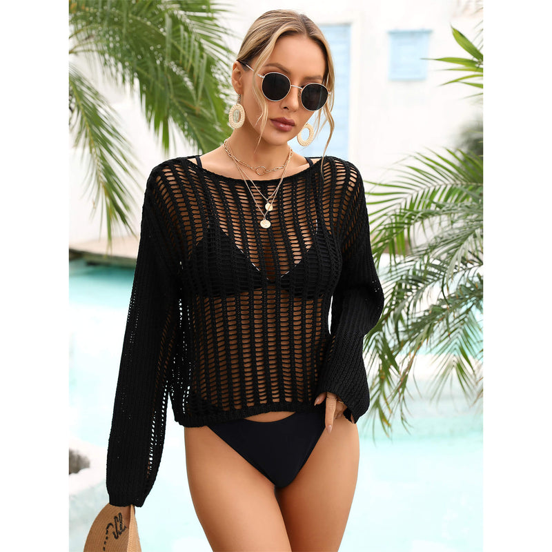 Long Sleeve Round Neck Openwork Cover-Up