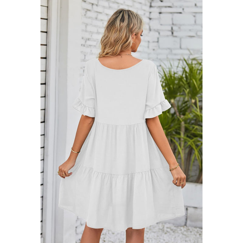 V-Neck Flounce Sleeve Tiered Dress