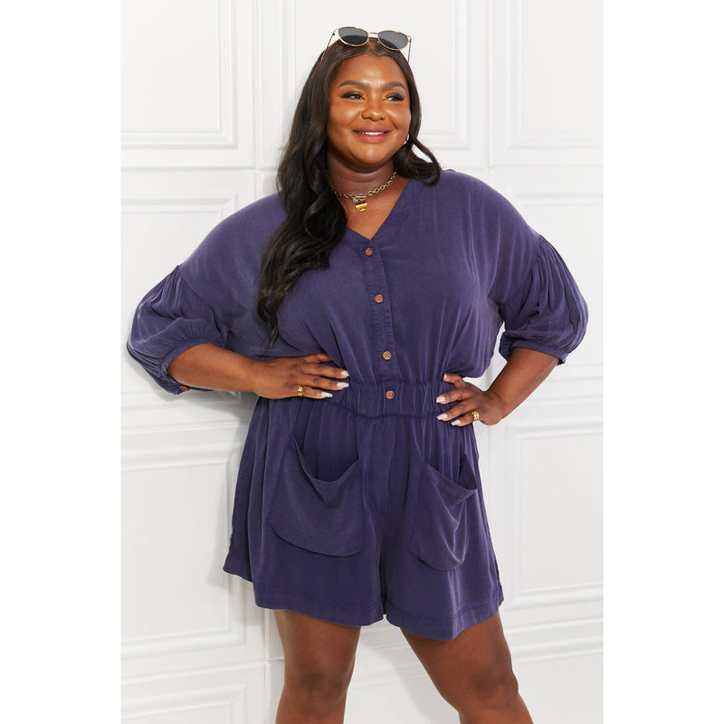 White Birch Full SIze Play It Cool Three-Quarter Sleeve Romper in Blueberry