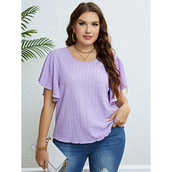 Textured Round Neck Flutter Sleeve Blouse