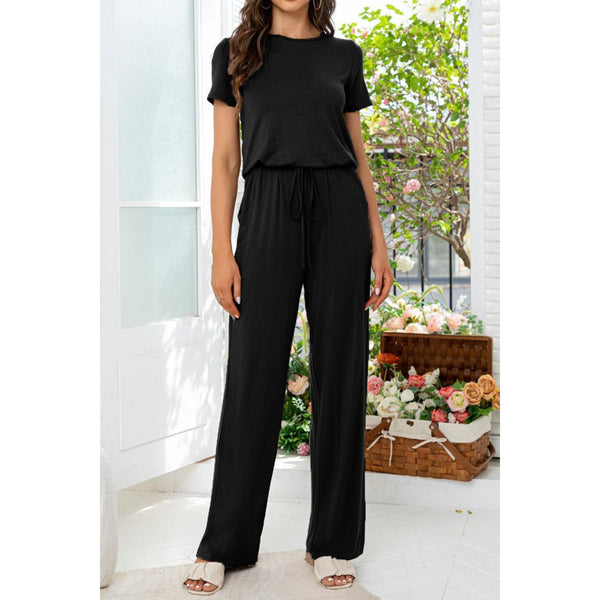 Round Neck Open Back Jumpsuit with Pockets