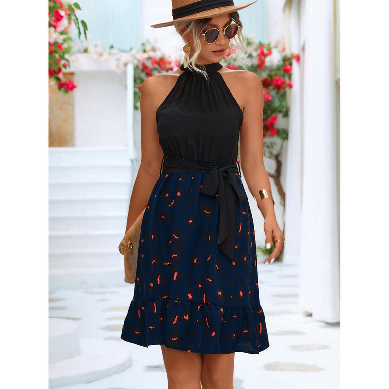 Two-Tone Belted Sleeveless Grecian Neck Dress