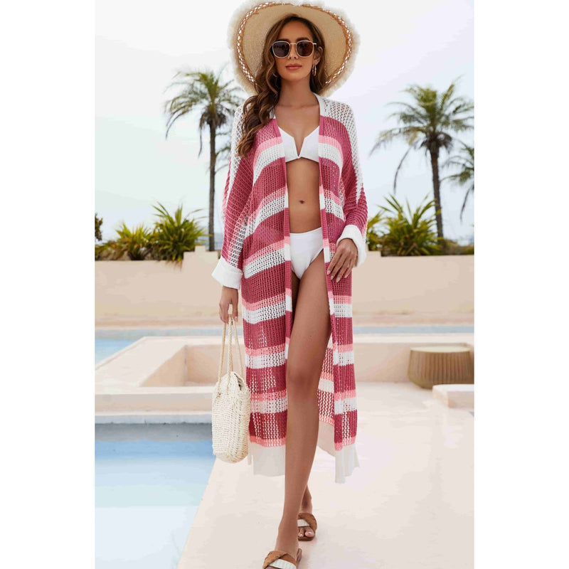 Striped Open Front Side Slit Duster Cover Up