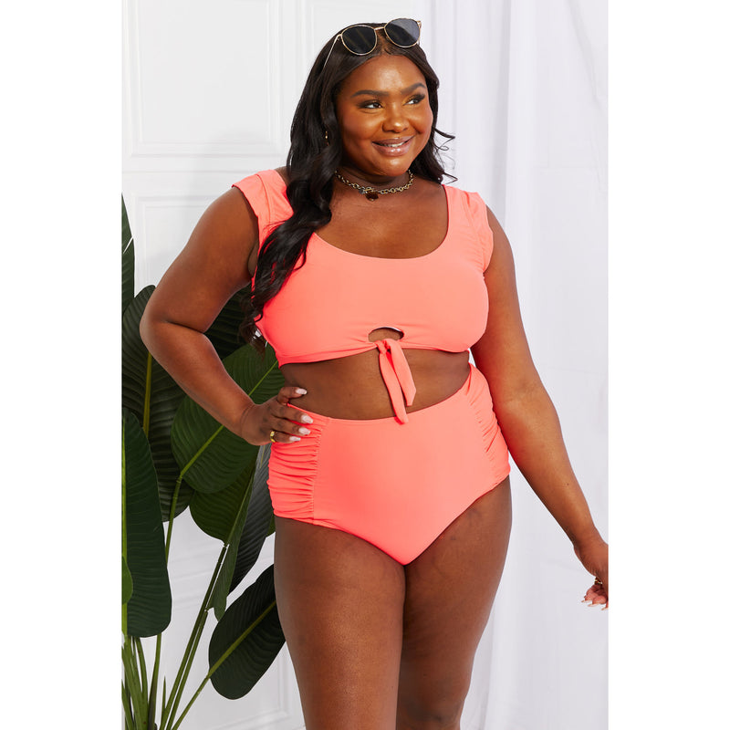 Marina West Swim Sanibel Crop Swim Top and Ruched Bottoms Set in Coral