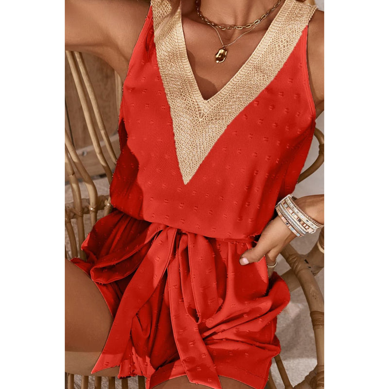 Swiss Dot Contrast Tie Waist Romper