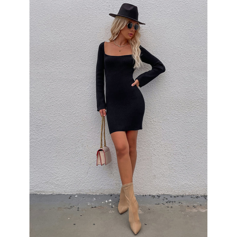 Tie Back Square Neck Long Sleeve Sweater Dress