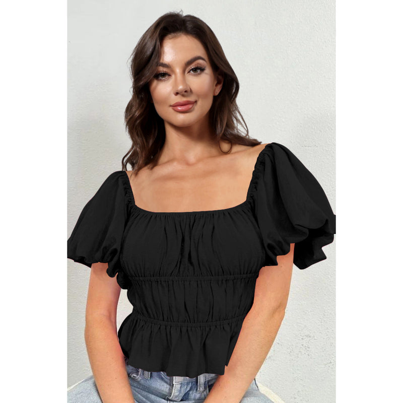 Square Neck Balloon Sleeve Cropped Blouse