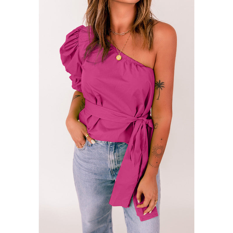 Tied Puff Sleeve One-Shoulder Top