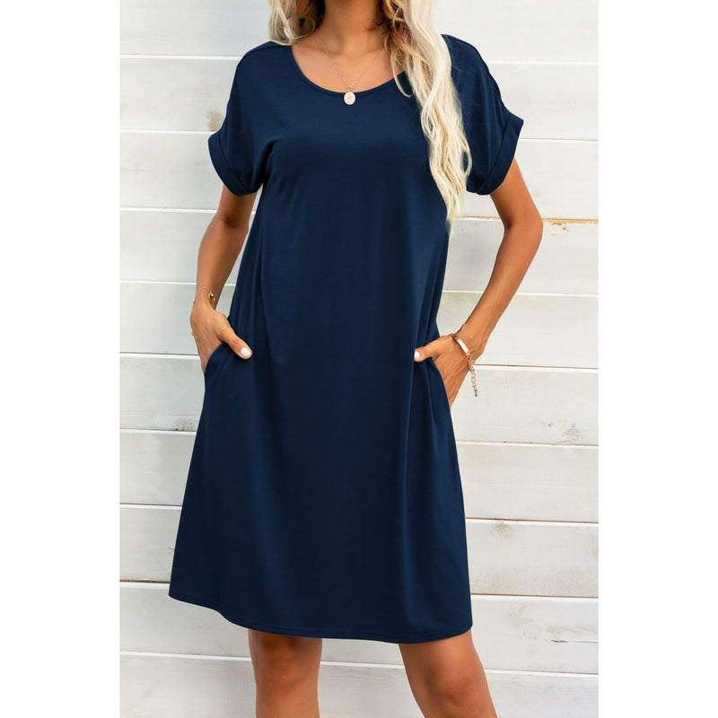 Scoop Neck Short Sleeve Pocket Dress