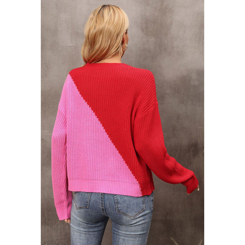 Two-Tone Round Neck Dropped Shoulder Sweater