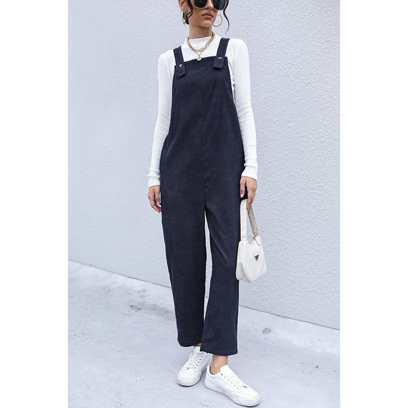 Button Detail Corduroy Overalls with Side Pockets