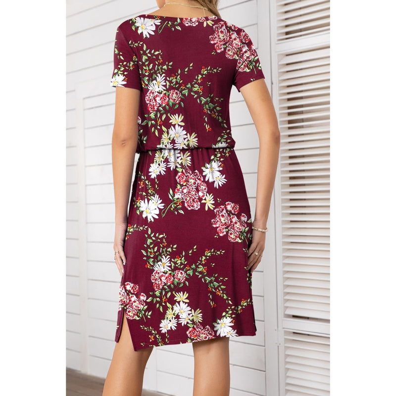 Round Neck Short Sleeve Slit Dress with Pockets