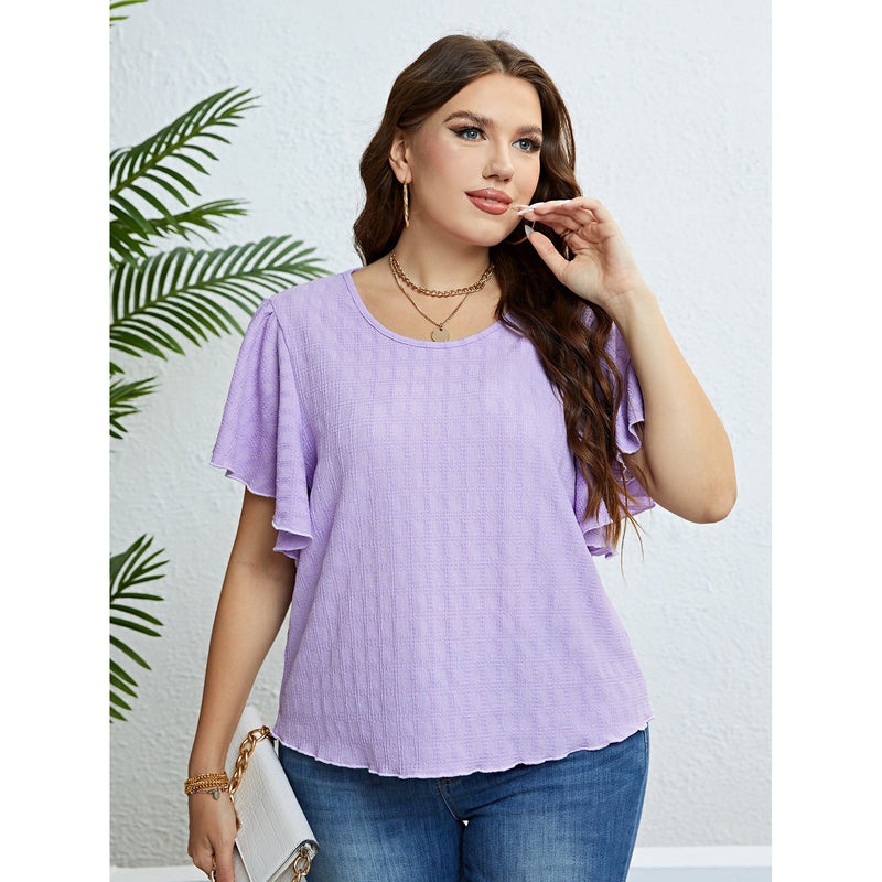 Textured Round Neck Flutter Sleeve Blouse