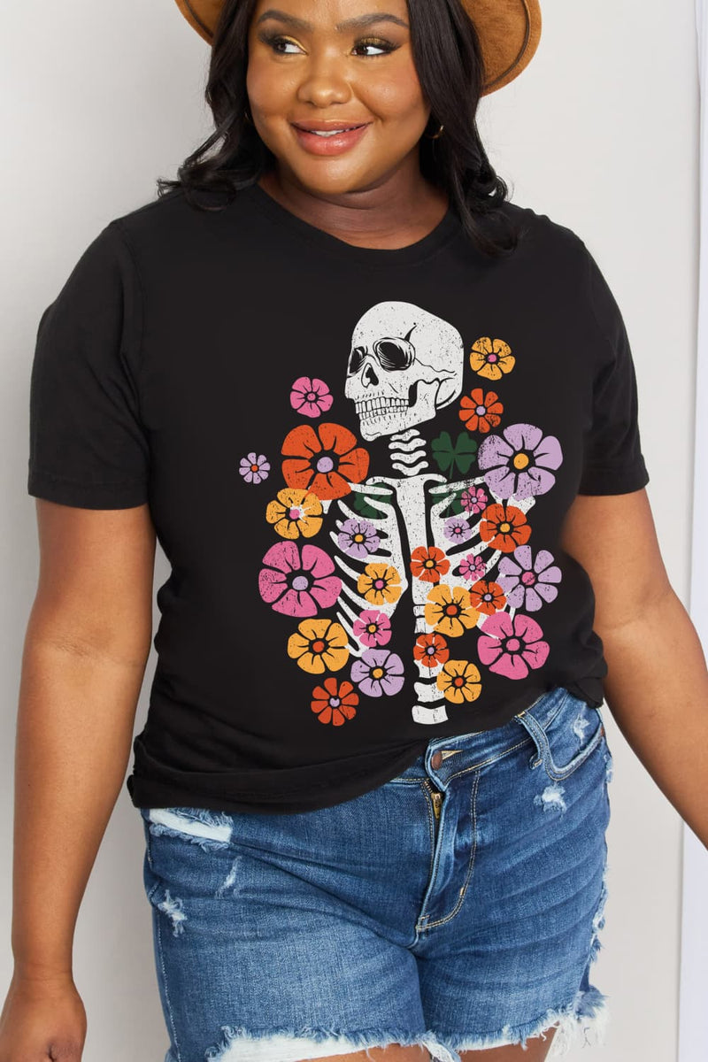 Simply Love Full Size Skeleton & Flower Graphic Cotton Tee