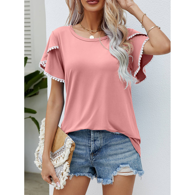 Pom-Pom Trim Flutter Sleeve Round Neck Tee