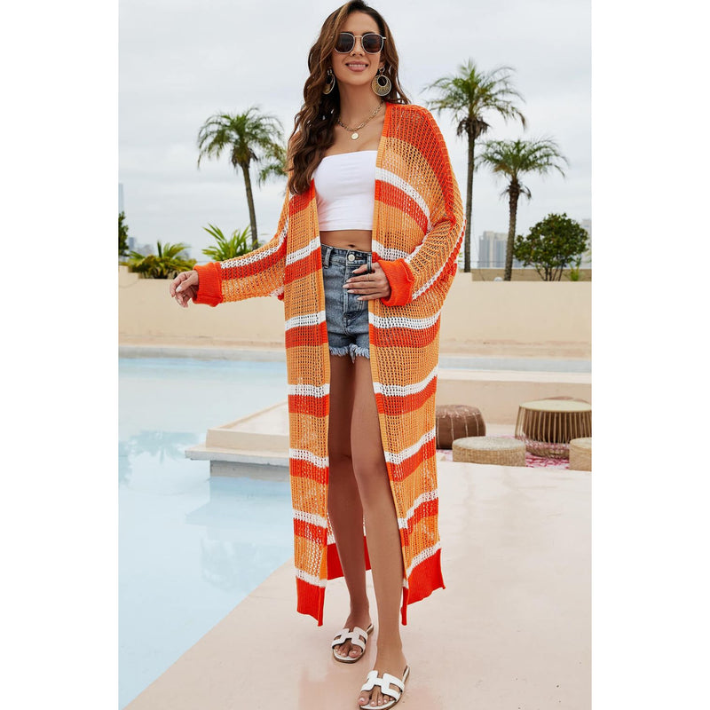 Striped Open Front Side Slit Duster Cover Up