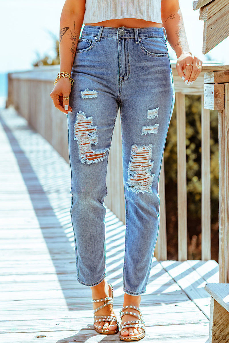 Baeful Distressed Ankle-Length Straight Leg Jeans