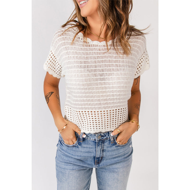 Scalloped Trim Openwork Knit Cropped Top
