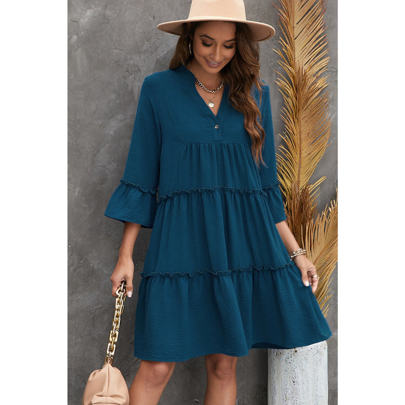 Frill Trim Three-Quarter Flare Sleeve Dress