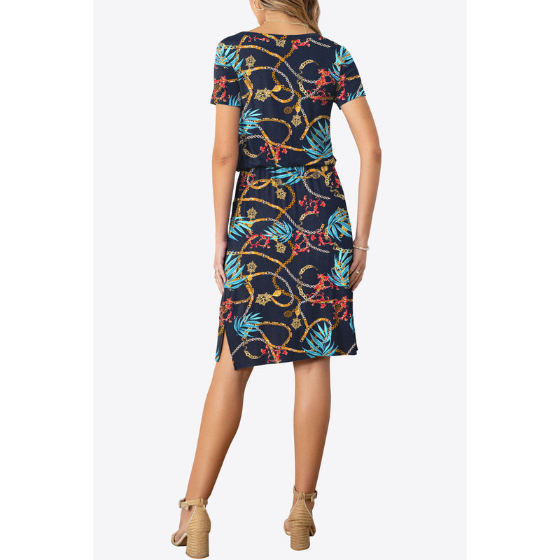 Round Neck Short Sleeve Slit Dress with Pockets