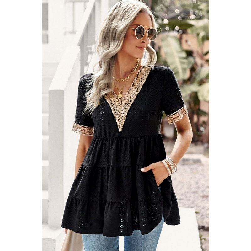 Contrast Short Sleeve Tiered Blouse