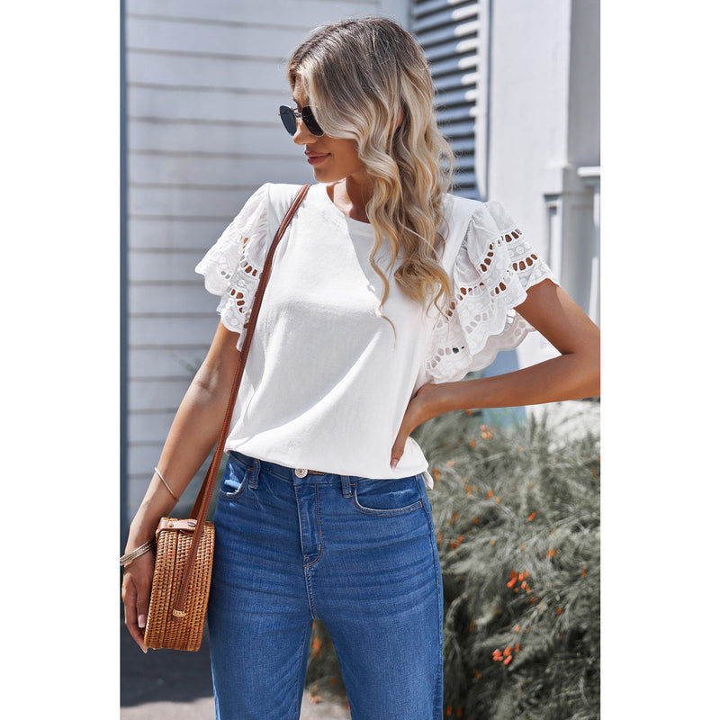 Round Neck Flutter Sleeve Top