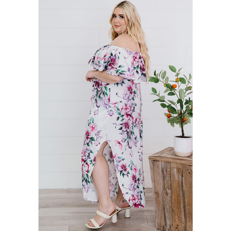 Plus Size Floral Off-Shoulder Side Slit Layered Dress