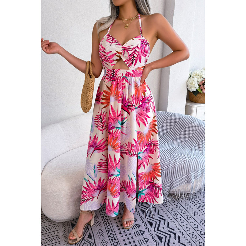 Botanical Print Tied Backless Cutout Slit Dress