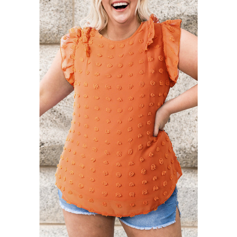 Plus Size Swiss Dot Ruffled Round Neck Blouse