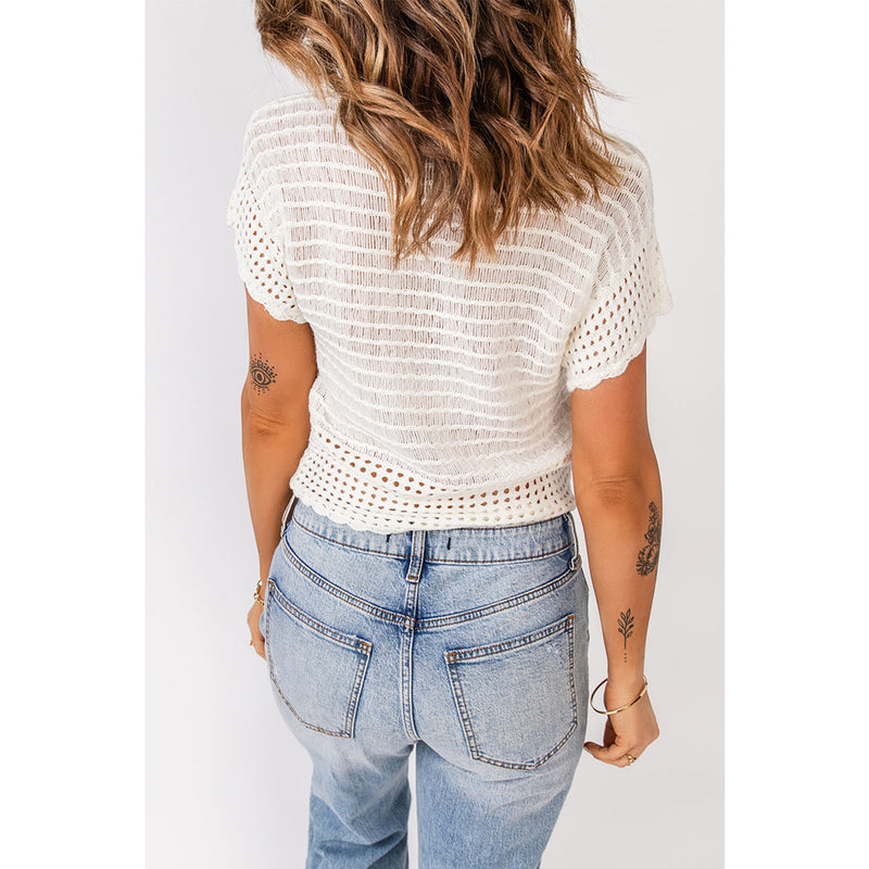 Scalloped Trim Openwork Knit Cropped Top