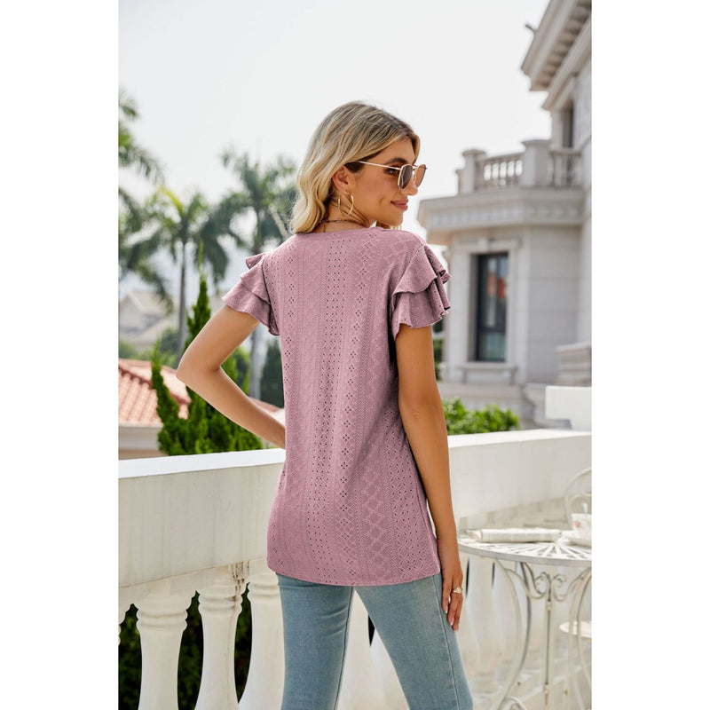 Eyelet Layered Flutter Sleeve V-Neck Top