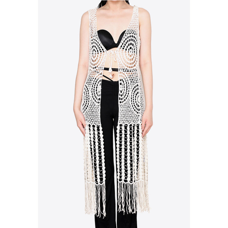 Tie Front Fringe Hem Sleeveless Cover Up