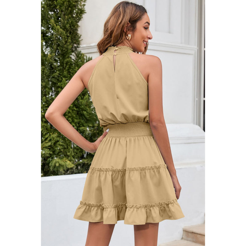Frill Trim Smocked Waist Grecian Neck Sleeveless Dress