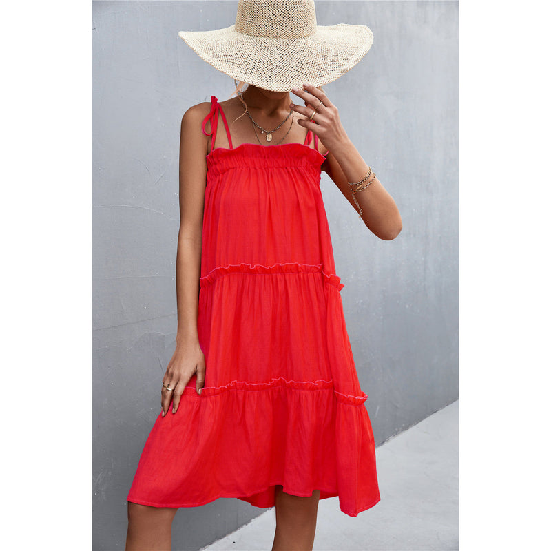 Tie-Shoulder Frill Trim Sleeveless Dress