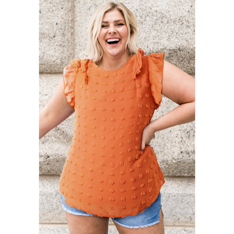 Plus Size Swiss Dot Ruffled Round Neck Blouse
