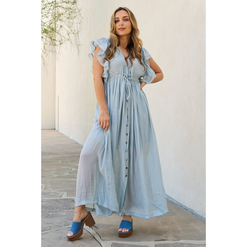 Sweet Lovely By Jen Full Size Drawstring Deep V Butterfly Sleeve Maxi Dress