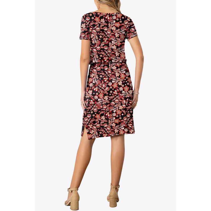 Round Neck Short Sleeve Slit Dress with Pockets