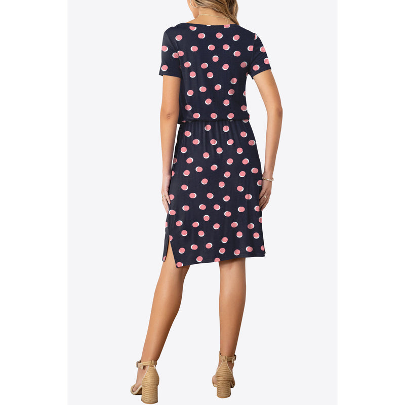 Round Neck Short Sleeve Slit Dress with Pockets