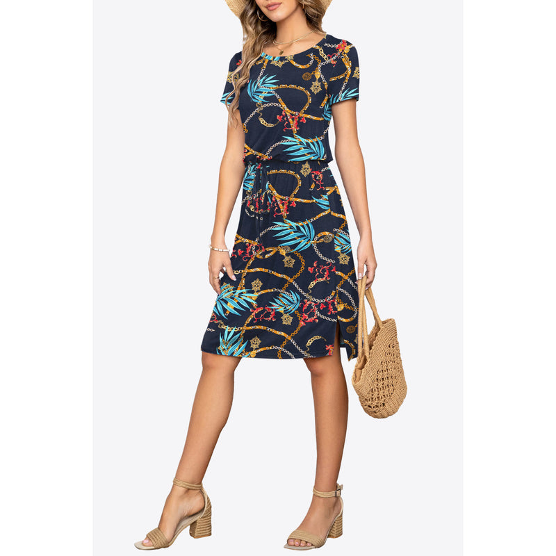 Round Neck Short Sleeve Slit Dress with Pockets