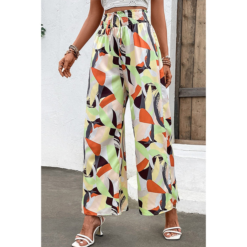 Printed Smocked Waist Wide Leg Pants